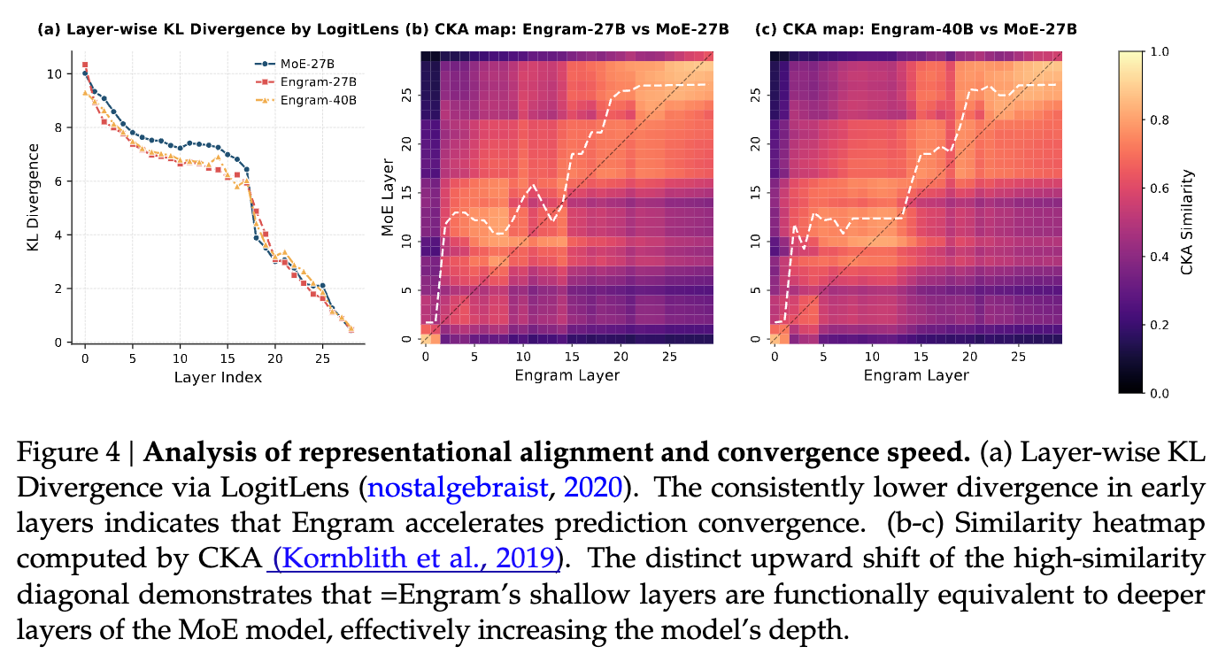 表征对齐与收敛速度分析。CKA 热力图显示 Engram 浅层对应 MoE 深层